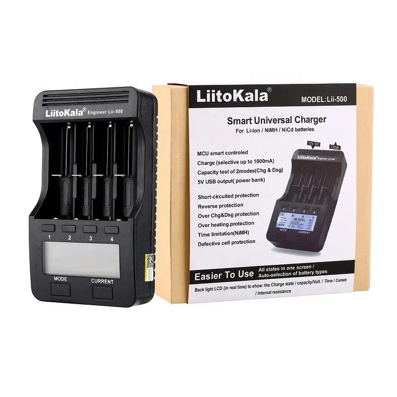 LiitoKala Lii-500 3.7V 1.2V 18650 26650 16340 14500 10440 18500 Pengisi Daya Baterai Lii500 AA AAA dengan LCD 12V 2A Adaptor Mobil