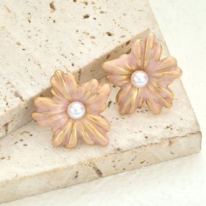 Pendientes <span class=keywords><strong>de</strong></span> <span class=keywords><strong>Acero</strong></span> <span class=keywords><strong>Inoxidable</strong></span> para Mujer, Chapados en Oro, Variedad Simple, Flor Tridimensional, Perla, Piedra Natural - Product Image 4