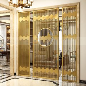 EX678 Luxury Hotel Lobby Stainless Steel Room Partition Divider with Laser Cut Foldable Panels Modern Design Gold Finish - Product Image 1