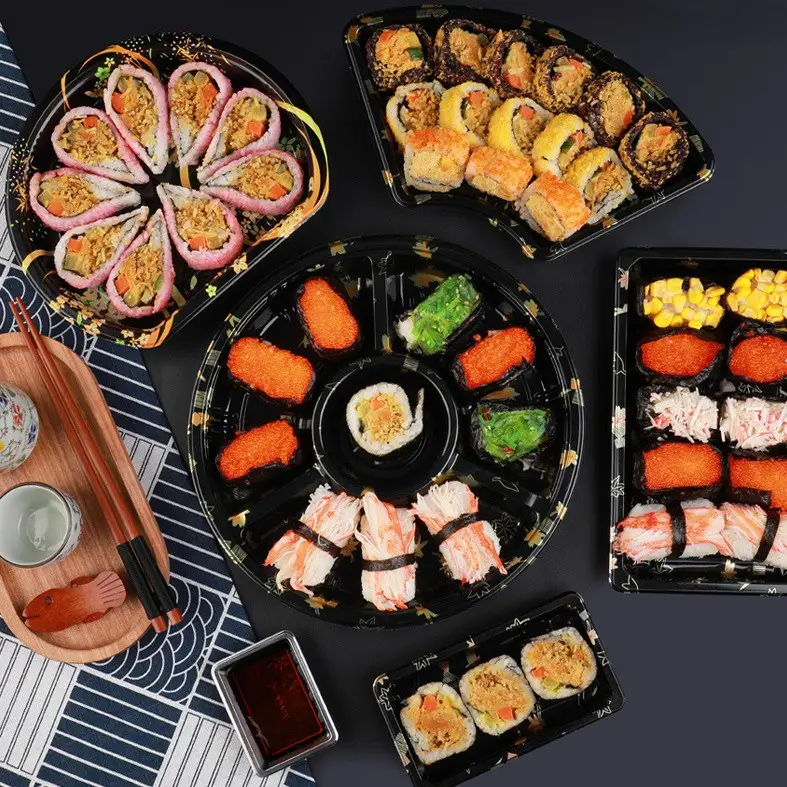 Caja de sushi de lujo de plástico con tapa Bandeja de embalaje para llevar Forma redonda de plástico Fiesta Postre Pastelería Snacks Contenedor de plástico para alimentos