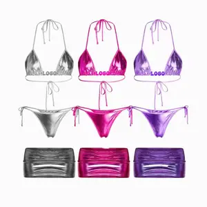 HuiLin Manufacture Create Your Own Swimwear Beachwear Pastel Color Metallic Bikinis Suit Women Custom Bling Shiny Swimwear