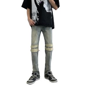 工厂新款撕裂彭特风格库存送货男士复古宽松直拉链袖口自行车手紧身牛仔裤 - Product Image 1