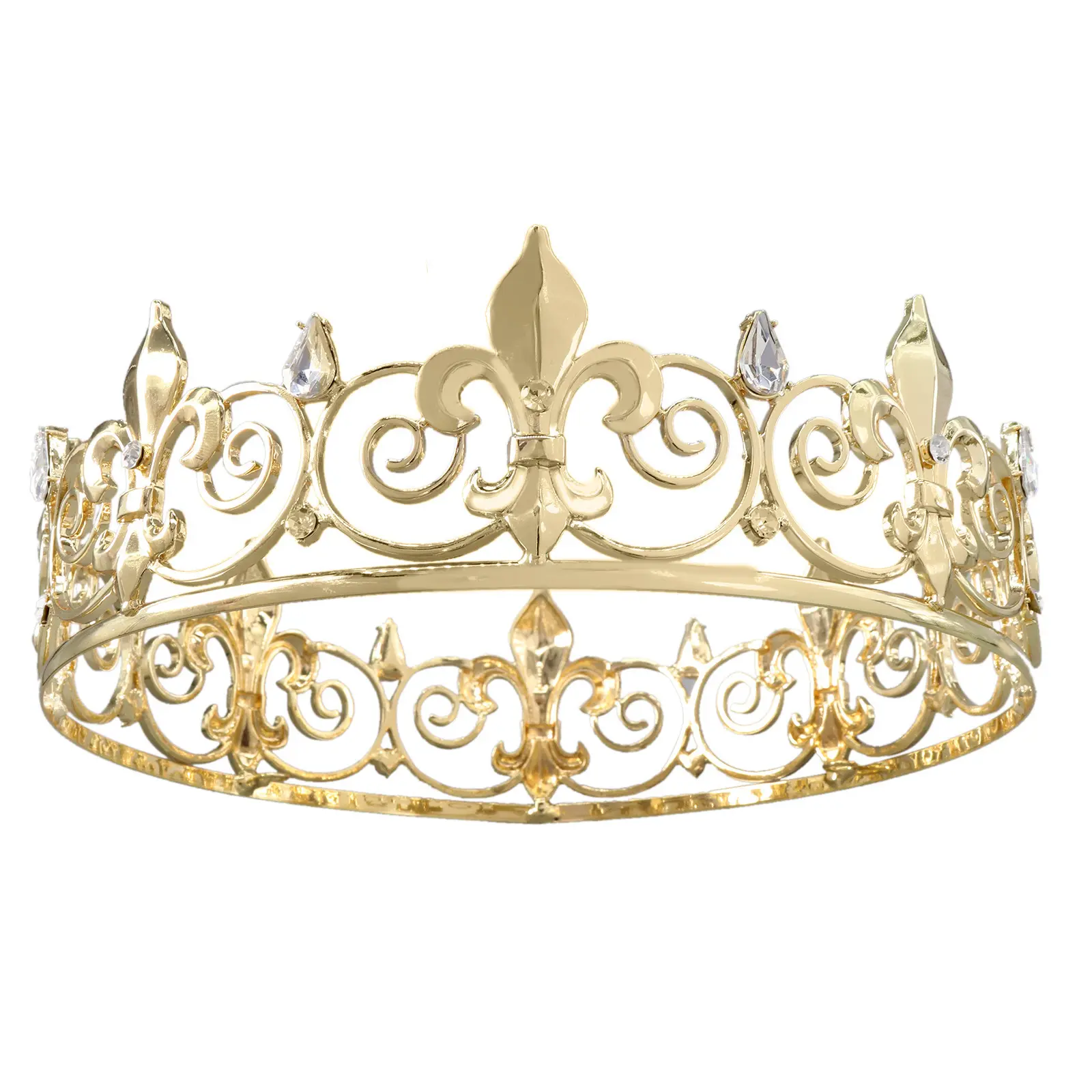 Directo de fábrica de lujo de diamantes de imitación nupcial Eseres plata hombres Tiara redonda completa Fleur De Lis Prom King Crown para cumpleaños boda