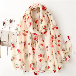 Wholesale 2023 Spring Summer Cotton Voile Printed Muslim Hijab Scarves Fashion Red Cherry Pattern Malaysia Arab Cotton Hijabs