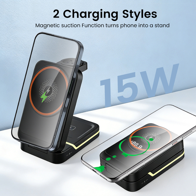 Wholesale Custom Logo Portable 3in1 Folding Fast Wireless Charging Stand 15W Foldable Wireless Charger for I Phone/Watch/Earbuds