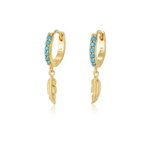 Fine Jewellery 925 Sterling Silver 14K Gold Plated Feather Turquoise Leaf Hoop Earring
