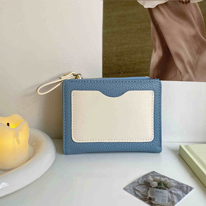 Cartera Pequeña de Cuero Granulado con Bloques de Color Vintage, Monedero Corto Minimalista para Mujer, Tarjetero, Venta al por Mayor - Product Image 5