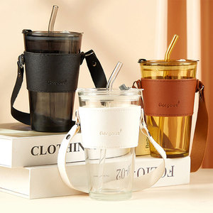 แก้วกาแฟ 450 มล. พร้อมปลอกหนังและหลอดดูด แก้วทนความร้อน 350 มล. พร้อมหูจับหนัง ผลิตในจีน - Product Image 2