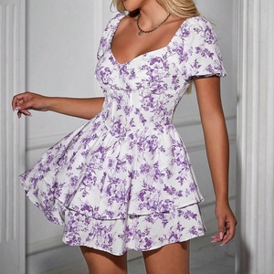 Robe Courte Décontractée Sexy et Mignonne pour Femme, Personnalisable, de Haute Qualité, à Imprimé Floral, Manches Courtes, Coupe Slim, Style Gâteau Naturel, Vente en Gros - Product Image 5