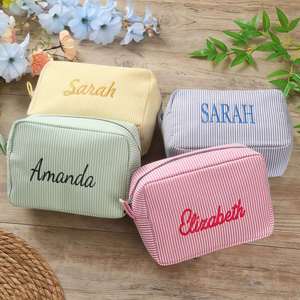 Personalized Custom Embroidered Striped Cotton Toiletry Bag European <b>Retro</b> Expanded Stowable Lightweight Durable Portable Makeup - Product Image 3
