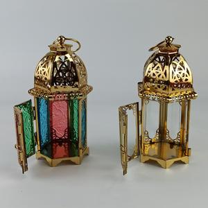 Porte-bougie arabe Vintage Ramadan or métal Mini lanternes <span class=keywords><strong>en</strong></span> <span class=keywords><strong>verre</strong></span> coloré bougies décoratives lanternes photophore porte-bougie - Product Image 1