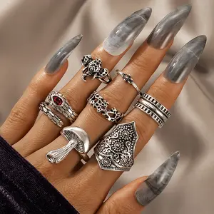 Wannee 7 pcs/套仿古盾蘑菇玛瑙指节戒指套装大象蛇金属合金关节戒指套装女性饰品