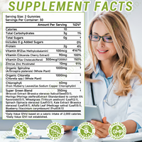 Compléments alimentaires naturels en spiruline, chlorelle et chlorophylle, sans sucre, sous marque privée SDY OEM, 2 gommes par jour, énergie et antioxydants.