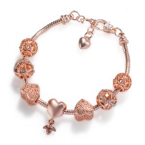 Joyería de Moda para Mujer, Brazalete de Corazón en Oro Rosa, Brazalete con Cuentas Rosadas y Dijes de Flores de Circonio para Mujer - Product Image 4