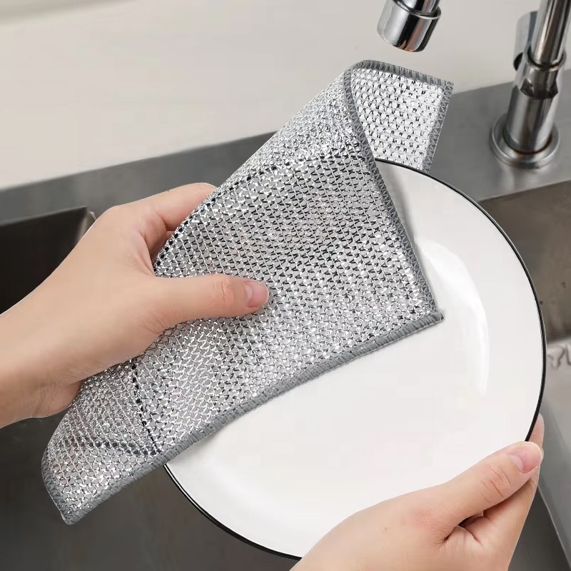 Dual-Sided Silver Wire Dishcloth Non-Stick Oil Special Kitchen Cleaning Cloth Immitating Steel Wool Double-Action Cleaning Steel