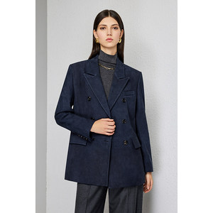 Setelan <span class=keywords><strong>Blazer</strong></span>/Rok Midi Wanita Gaya Old Money Inggris, Kulit Domba Suede Impor Khusus, Kancing Ganda, Anti Kusut, Model Longgar - Product Image 5
