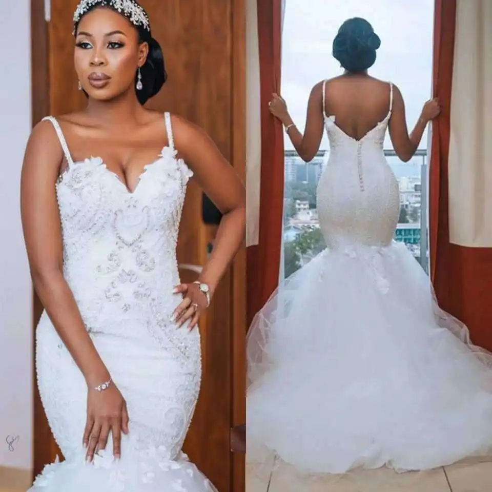 2022 Fish Tail Bridal Gowns Plus Size Spaghetti Strap Africa Wedding Dress
