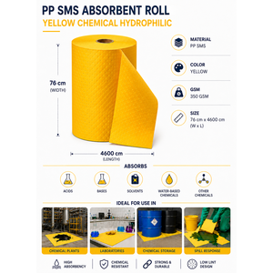 แผ่นดูดซับสารเคมีสีเหลืองชนิดดูดซับน้ำได้ ผลิตจากโพลีโพรพิลีน 100% SMS ขนาด 76x4600 ซม. สำหรับงานอุตสาหกรรม - Product Image 3