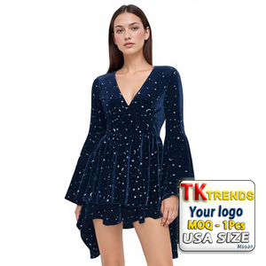 Ropa de <span class=keywords><strong>Mujer</strong></span> Europea y <span class=keywords><strong>Americana</strong></span> de Moda, Estampado de Estrellas, Cuello en V, Mangas de Campana, <span class=keywords><strong>Terciopelo</strong></span> de Verano, Superventas Transfronterizas - Product Image 1