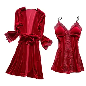 Winter long sleeve Korean velvet nightgown and robe women