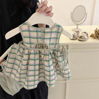 Ensemble de vêtements pour bébés filles, style coréen, été, décontracté, sans manches, imprimé à carreaux, 2 pièces, vêtements mignons pour enfants