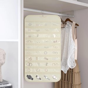 Organisateur de bijoux suspendu à 80 poches, double face, beige, pour boucles d'oreilles, bagues, montres, bracelets, colliers - Product Image 4
