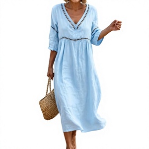 Robe mi-longue en lin bleu sarcelle faite à la main, col en V, taille empire, manches trois quarts, style tunique simple, respirante, pour femme, idéale pour l'été - Product Image 1