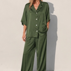 Conjunto de <span class=keywords><strong>Pijama</strong></span> Casual de Satén Liso para Mujer, de Dos Piezas con Mangas Cortas y Cuello Vuelto, <span class=keywords><strong>Pijama</strong></span> Suave de Seda Helada para Dormir - Product Image 2
