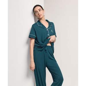 Conjunto de Pijama para Mujer, Viscosa de Bambú, Cuello de Solapa, Botones, Camiseta de Manga Corta con Pantalones, Dos Piezas, Ropa de Dormir de Algodón - Product Image 2