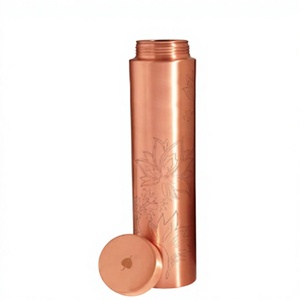 Deluxe Pure Copper Water <b>Bottle</b> With Minimal Lotus Artwork Sleek Polished Finish Etched Lotus Copper <b>Flask</b> For Wellness - Product Image 1
