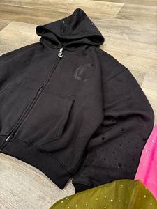 Sweat à capuche zippé pour homme, coupe ample et oversize, en molleton 100% coton, avec logo personnalisé imprimé, strass et effet délavé vintage - Product Image 4