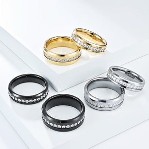 แหวนเพชรทังสเตนสตีล 6 มม. 8 มม. แหวนแต่งงานแบบยูนิเซ็กซ์ ประดับเพชรแบบช่อง - Product Image 1