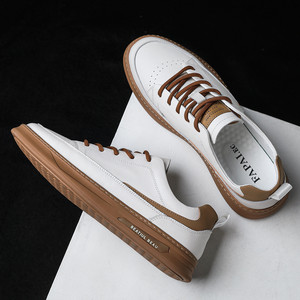Men's <b>White</b> Leather Sneakers Low <b>Heel</b> Breathable Rubber Outsole EVA Midsole Casual Walking Shoes - Product Image 1