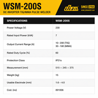 JUBA Nouvelle machine à souder portable à onduleur TIG/MMA WSM-200S avec fonction pulsée, cycle de service de 60 %, 230 V 7 kVA