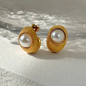 Dazan HOT Winter 18k Gold Plated Unique Hypoallergenic Stainless Steel Vintage Palace Style Imitation Pearl Earrings For Women