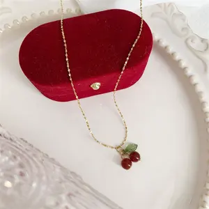 Hot Sale Korean Girl Bling Bling 18k Real Gold Plated Cute Fruit Natural Stone Red Cherry leaf Pendant Necklace Jewellery