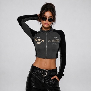 Women's Motorcycle Zip-Up Crop <b>Top</b> <b>Mock</b> <b>Neck</b> Sleeveless Slim Fit Cotton Blend Casual Streetwear Letter Print Contrast Color - Product Image 5