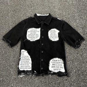 Custom Streetwear Distressed Embroidery Print Design Jean Jacket Heavy High Quality Men Acid Wash Denim Button up <b>Shirts</b> - Product Image 1