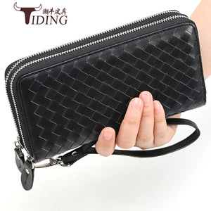 Tiding Woven Leather <b>Long</b> Wallet Double Zipper Unisex Clutch <b>Bag</b> Black 4009-2 - Product Image 3