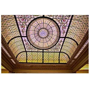 Decorative Raised Rectangular Stained Glass Dome Lighting Tiffany Stained Glass Ceiling Dome For The Palm Court at the Plaza