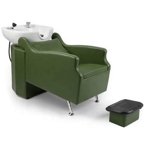 Fauteuil de lavage pour salon de coiffure avec coussin d'assise épaissi, repose-pieds réglable, bac en céramique - Lit de lavage personnalisable en cuir - Product Image 3