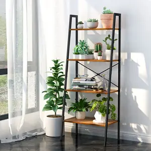 High Quality Industrial Metal 4-tier Bookshelf Storage Ladder Shelf Wooden Bookcase For Home And Office