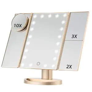 Foldable Makeup Mirror with LED Light Desktop Vanity Mirror 2X/3X USB Charged Make up Mirror