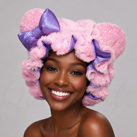Bonnet de nuit en peluche à oreilles d'animaux mignonnes avec paillettes, grand diamètre 35 cm, doux et chaud pour l'hiver, doublé en satin pour cheveux naturels