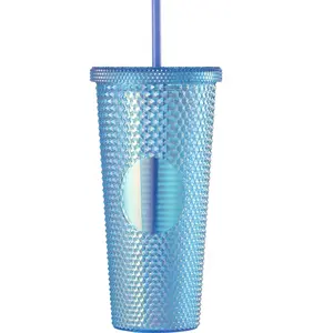 Tumbler trasparente da viaggio in plastica a doppia parete eco friendly BPA free a bocca larga in acrilico set tazza di strass con paglia