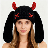 Bonnet tricoté mignon et amusant en forme de petit diable à longues oreilles, protection auditive chaude pour l'automne et l'hiver, fait main, avec cornes de vache