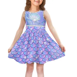लड़कियों के बच्चों के लिए थोक सस्ती ग्रीष्मकालीन पोशाक, सुंदर मछली के पैमानों के कपड़ों पर प्रिंट