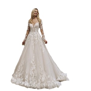 Lace A-Line Wedding Dress Deep V-Neck Long Sleeves Floral Print Fitted Natural Waistline Light Train Elegant Forest Style - Product Image 5