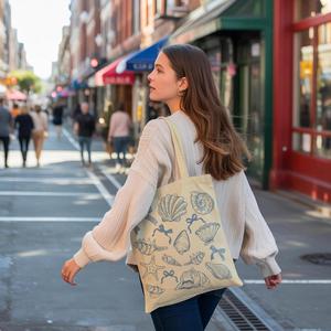 Sac fourre-tout esthétique en toile pour femme avec poche intérieure, sans fermeture, en tissu de coton non doublé, imprimé coquillages et étoiles de mer - Product Image 2