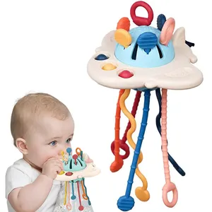 Jouets sensoriels pour bébés Jouet Montessori en silicone avec chaîne de traction Jouets de voyage en silicone avec sac en PVC